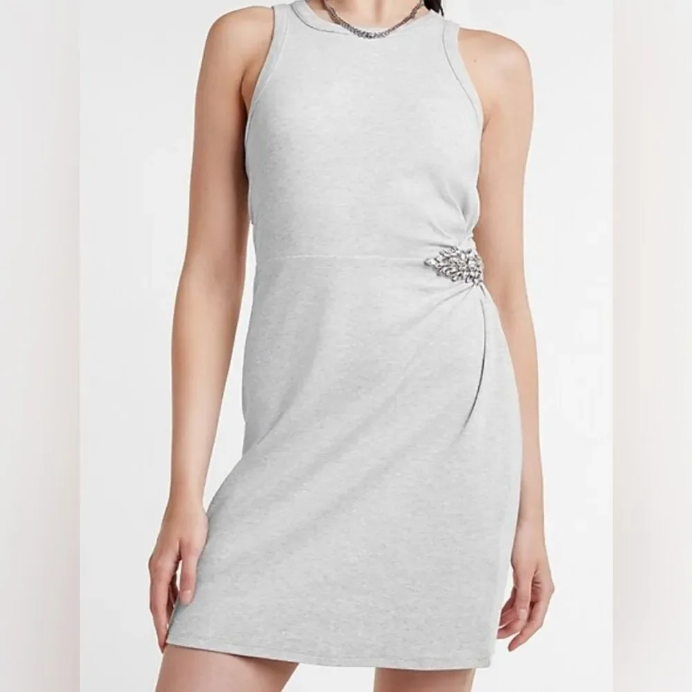 Express Rhinestone Side Brooch Sleeveless Dress Heather Grey M